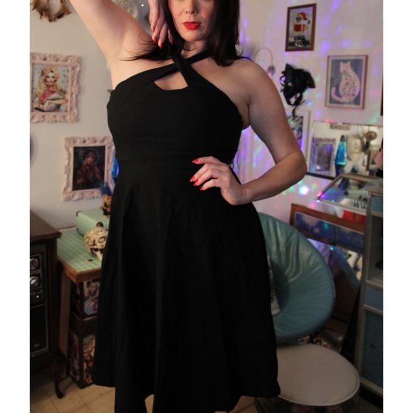 Black Cross Strap Halter Pinup Circle Dress - Picture 3 of 8